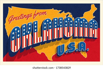 Greetings from Oklahoma USA. Retro postcard with patriotic stars and stripes lettering and United States map in the background. Vector illustration.