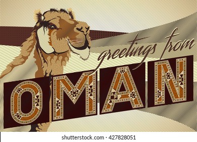 Greetings From OMAN Camel Card - Block Ornamental Marquetry Style Typography With A Camel Over A Sand Dunes Background