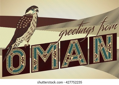 Greetings From OMAN Card - Block Ornamental Marquetry Style Typography With An Arabian Falcon Over A Sand Dunes Background
