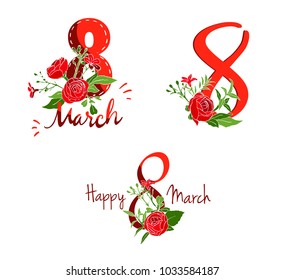 Greetings on the 8-th of March. Elements for cards on women's day. Vector illustration