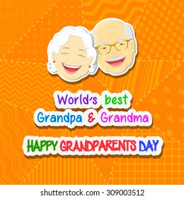 Greetings on grandparents day with the phrase and face of grandfather and grandmother on a yellow background in a patchwork style