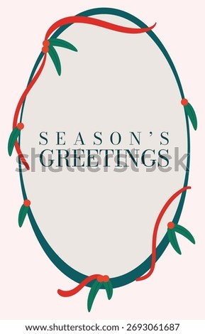 Season’s Greetings Oval Frame with Decorative Leaves and Ribbon Vector