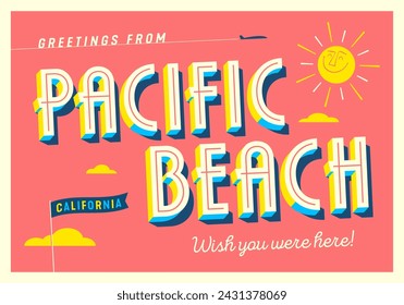 Greetings from Pacific Beach, California, USA - Wish you were here! - Touristic Postcard. Vector EPS10.