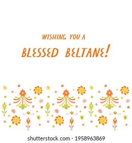 Greetings with the pagan wiccan festival Beltane. Design of banner, template or greeting card. 