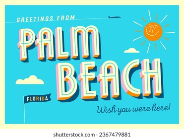 Saludos desde Palm Beach, Florida, EEUU - ¡Desearía que estuvieras aquí! - Postales turísticas. Ilustración del vector EPS10.