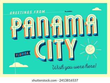 Greetings from Panama City, Florida, USA - Wish you were here! - Touristic Postcard. Vector Illustration.	