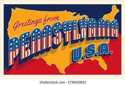 Saludos desde Pennsylvania USA. Postal retro con estrellas patrióticas y letras de rayas y mapa de Estados Unidos en el fondo. Ilustración vectorial.