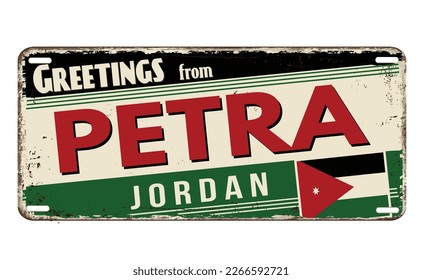 Greetings from Petra vintage rusty metal sign on a white background, vector illustration