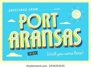 Greetings from Port Aransas, Texas, USA - Wish you were here! - Touristic Postcard. Vector EPS10.