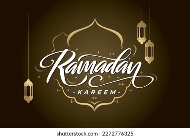 Greetings ramadan kareem white hand lettering with golden ornaments and lantern on black gold gradation background - Flat design template