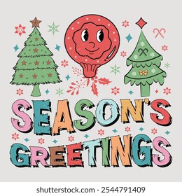 Season’s Greetings Retro Funny Christmas Sublimation Design T-Shirt Vector Graphic.