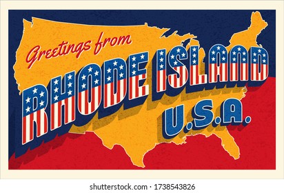 Greetings from Rhode Island USA. Retro postcard with patriotic stars and stripes lettering and United States map in the background. Vector illustration.