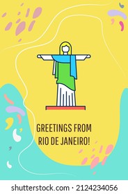 Greetings from Rio de Janeiro greeting card with color icon element. Postcard vector design. Decorative flyer with creative illustration. Notecard with congratulatory message on yellow