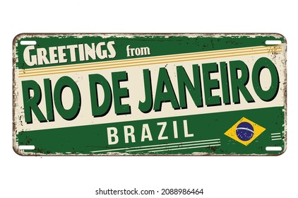 Greetings from Rio de Janeiro vintage rusty metal plate on a white background, vector illustration