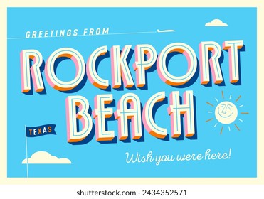 Greetings from Rockport Beach, Texas, USA - Wish you were here! - Touristic Postcard. Vector EPS10.