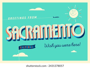 Greetings from Sacramento, California, USA - Wish you were here! - Touristic Postcard. Vector EPS10.