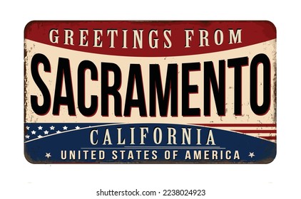 Greetings from Sacramento vintage rusty metal sign on a white background, vector illustration