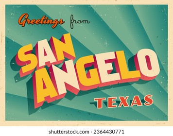 Saludos desde San Angelo, Texas, EEUU - ¡Desearía que estuvieras aquí! - Postales Turísticas Vintage. Ilustración vectorial. Los efectos usados se pueden eliminar fácilmente para una tarjeta nueva y limpia.