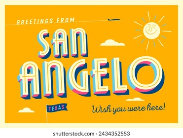 Greetings from San Angelo, Texas, USA - Wish you were here! - Touristic Postcard. Vector EPS10.