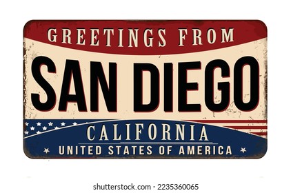 Greetings from San Diego vintage rusty metal sign on a white background, vector illustration