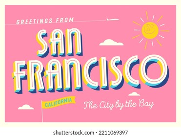 Greetings from San Francisco, California, USA - The Golden State - The City by the Bay - Touristic Postcard - EPS 10.