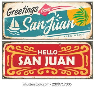 Greetings from San Juan Puerto Rico, vintage postcard designs. Retro souvenires from tropical destinations. Travel and vacation vector illustration.