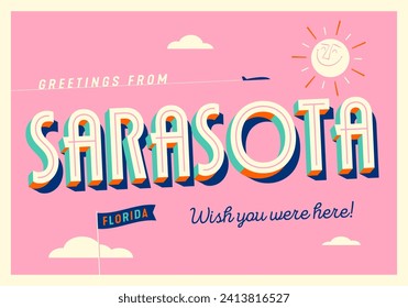 Greetings from Sarasota, Florida, USA - Wish you were here! - Touristic Postcard. Vector Illustration.	