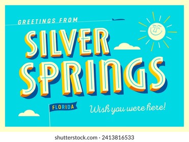 Greetings from Silver Springs, Florida, USA - Wish you were here! - Touristic Postcard. Vector Illustration.	