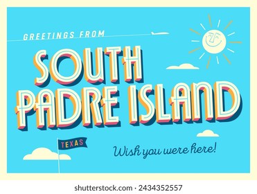 Greetings from South Padre Island, Texas, USA - Wish you were here! - Touristic Postcard. Vector EPS10.