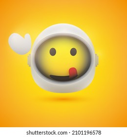 Greetings From Space - Smiling Happy Waving Mouth Licking Spaceman Emoji In Space Suit With Helmet On - Modern Style Emoticon Vector Design For Web Or Instant Messaging Apps On Yellow Background