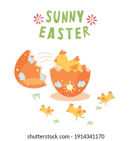 Greetings for a sunny Happy Easter with a chick hatched from the shell. Easter spring chicken in eggshell vector