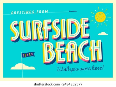 Greetings from Surfside Beach, Texas, USA - Wish you were here! - Touristic Postcard. Vector EPS10.