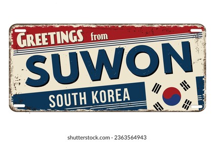 Greetings from Suwon vintage rusty metal sign on a white background, vector illustration