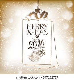 Greetings tag icon with hand drawn elements. Vintage style. Vector illustration. Lettering greetings. Merry xmas, happy new year.