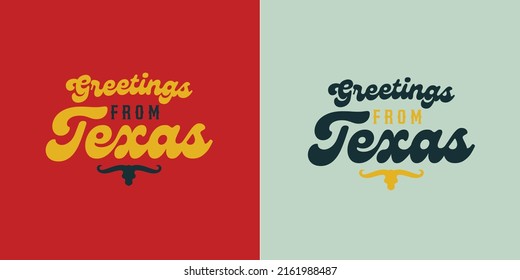 Greetings from texas on red and blue background with long horn can be use for advertisement banner poster souvernier package design coffee mug cap t-shirt printing vector eps.