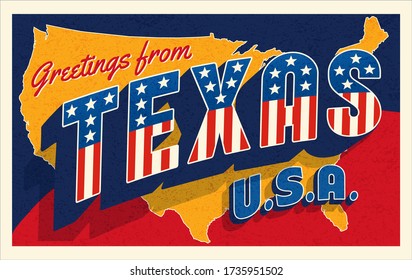 Greetings from Texas USA. Retro postcard with patriotic stars and stripes lettering and United States map in the background. Vector illustration.