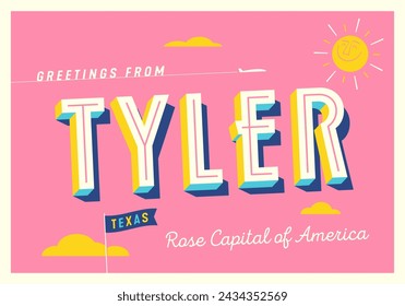 Greetings from Tyler, Texas, USA - Wish you were here! - Touristic Postcard. Vector EPS10.