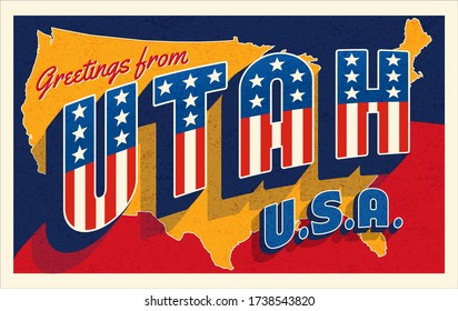 Greetings from Utah USA. Retro postcard with patriotic stars and stripes lettering and United States map in the background. Vector illustration.