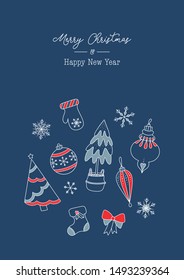 Greetings vector card with christmas elements illustration doodle christmas tree ball snowflake