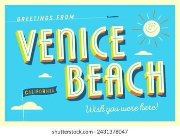 Greetings from Venice Beach, California, USA - Wish you were here! - Touristic Postcard. Vector EPS10.
