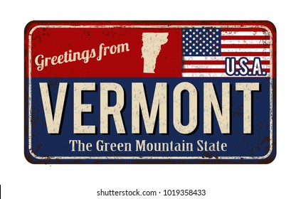 Greetings from Vermont vintage rusty metal sign on a white background, vector illustration