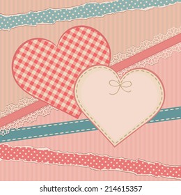 Greetings vintage card with heart form.  Retro background with scrapbook elements.  Vector illustration.