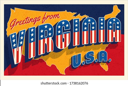 Saludos desde Virginia USA. Postal retro con estrellas patrióticas y letras de rayas y mapa de Estados Unidos en el fondo. Ilustración vectorial.