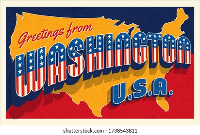 Greetings from Washington USA. Retro postcard with patriotic stars and stripes lettering and United States map in the background. Vector illustration.