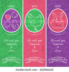Greetings web banner for Easter Day with frame with easter elements, rabbit, hen and easter egg.  Decorative composition suitable for invitations, greeting cards, flyers, banners.