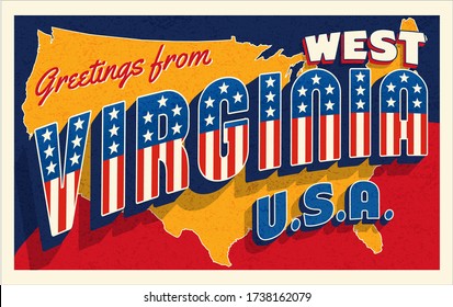 Greetings from West Virginia USA. Retro postcard with patriotic stars and stripes lettering and United States map in the background. Vector illustration.