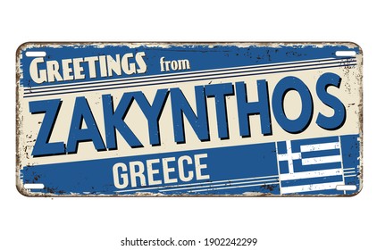 Greetings from Zakynthos vintage rusty metal plate on a white background, vector illustration