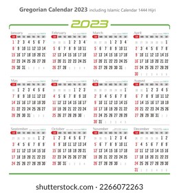 Calendario gregoriano 2023 incluyendo calendario islámico 1444 Hijri, ilustración vectorial aislada, eps