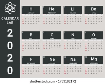 Gregorian calendar for the year 2020 suitable for scientific laboratories