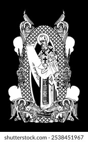 Gregory of Nazianzus. Illustration with angels and seraphim in heaven black and white in Byzantine style